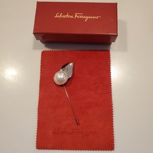 Salvatore Ferragamo Faux Pearl & Silver Tone Stick Pin with Original Box